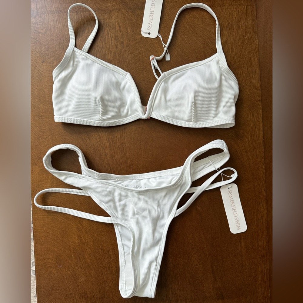 Somerfield swim bikini set white ribbed, cheeky, never worn, new with tags